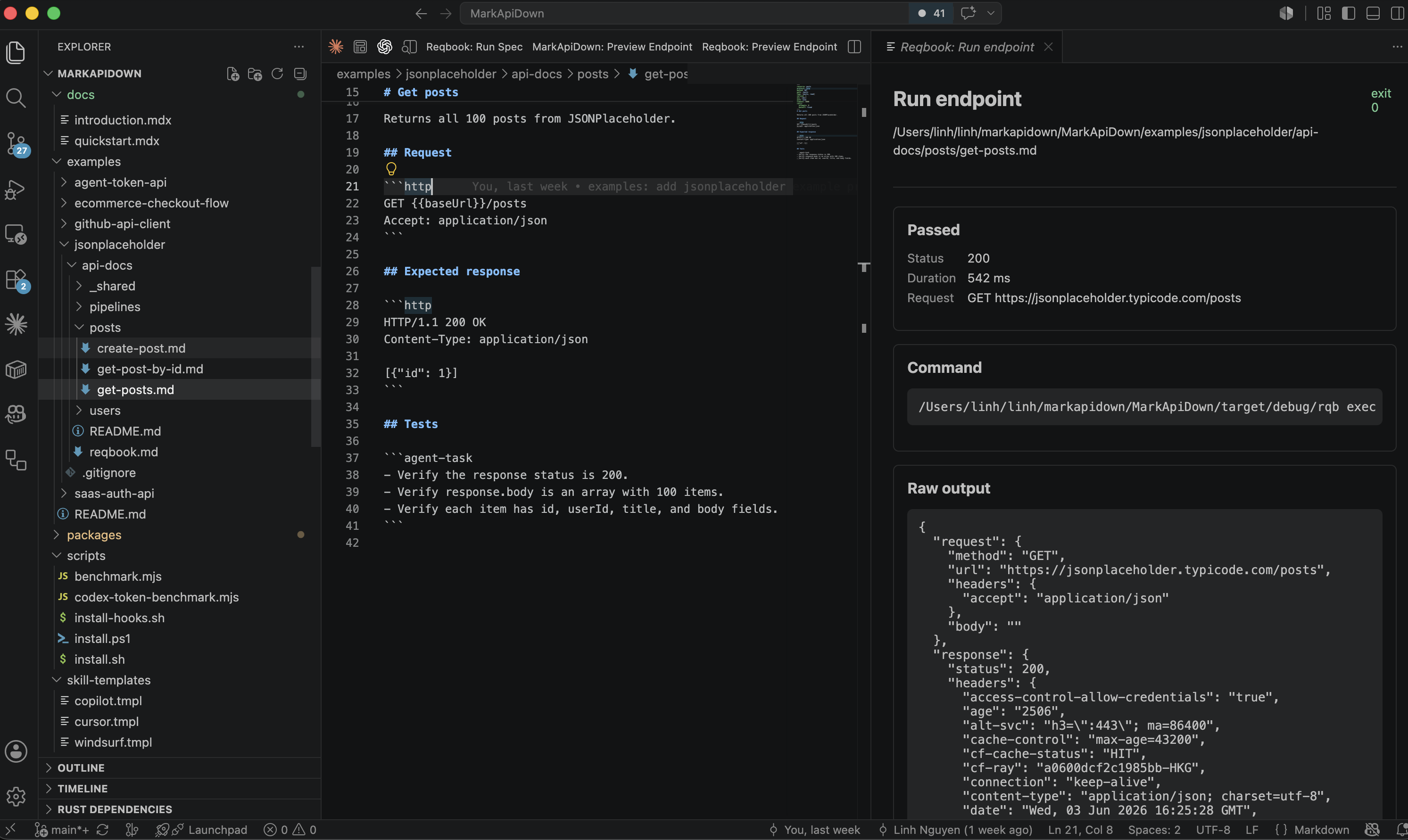 VS Code showing a runnable Markdown API spec beside an endpoint result panel in dark theme