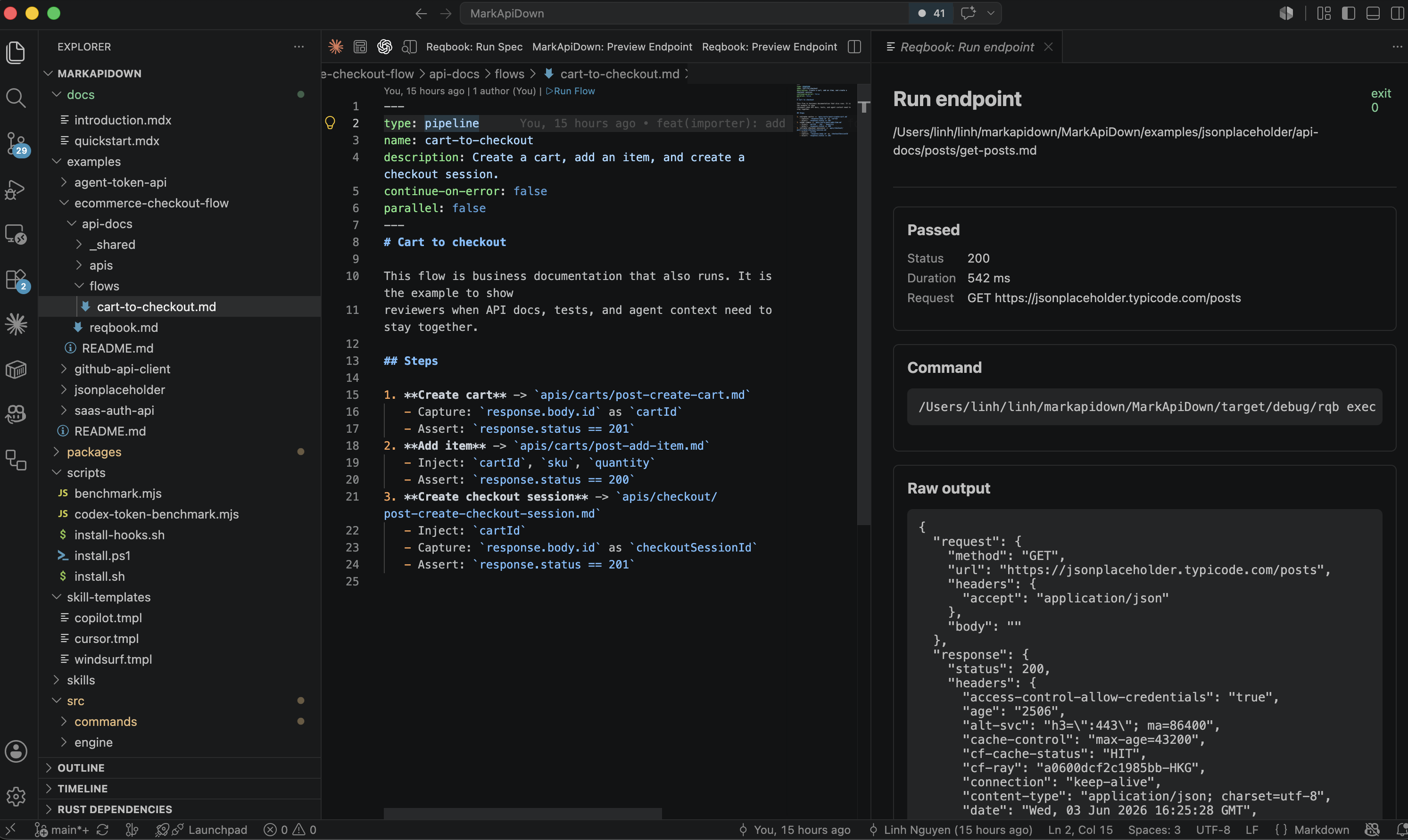 VS Code showing a cart-to-checkout API flow spec with captured values and a compact result panel